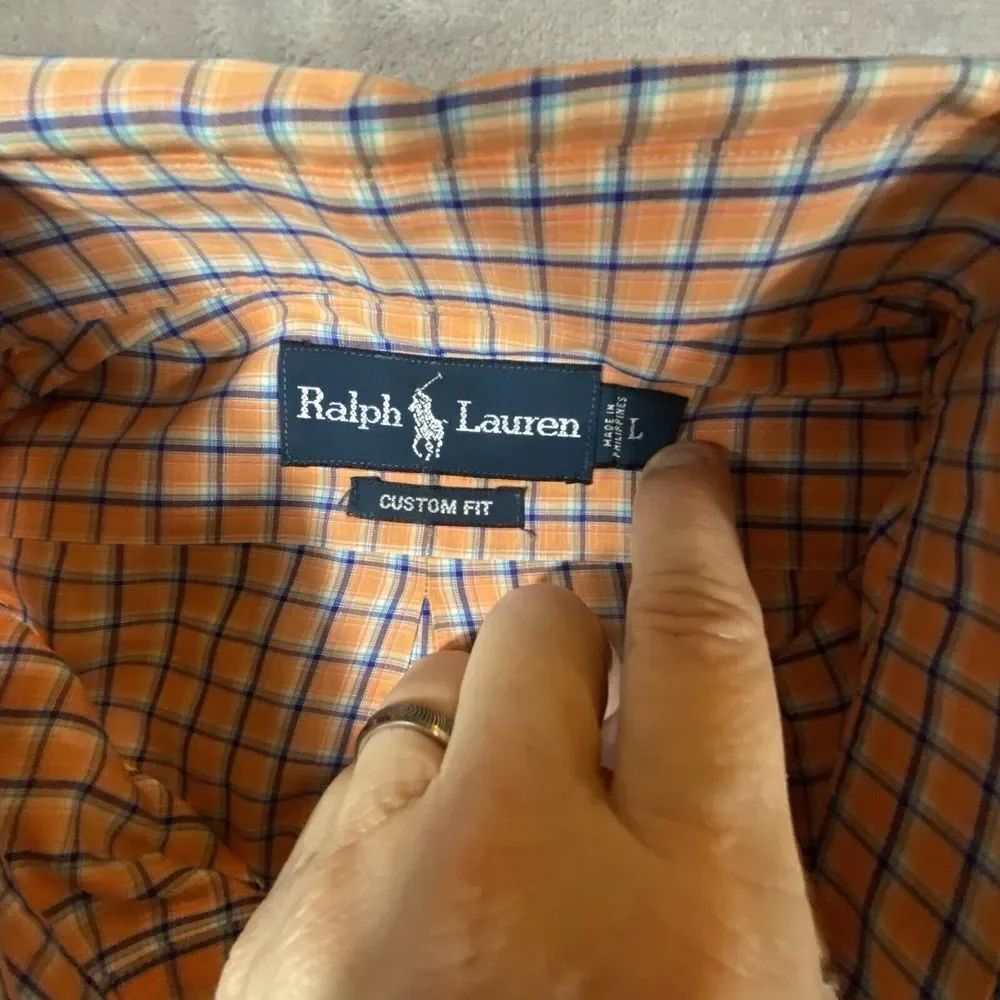Polo Ralph Lauren Shirt Men Large Classic Fit‎ Peach Plaid Bright Casual Preppy